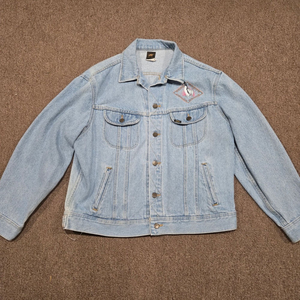Vintage Lee Denim Trucker Jacket Light Wash Loon Graphic Made in USA‎ Mens Large